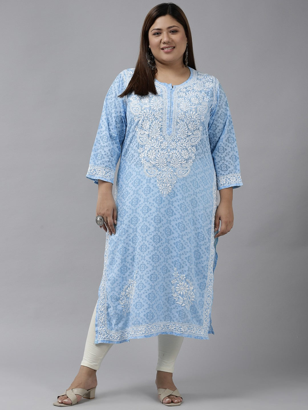 Ada Hand Embroidered Blue Cotton Lucknowi Chikankari Straight Kurta A100107
