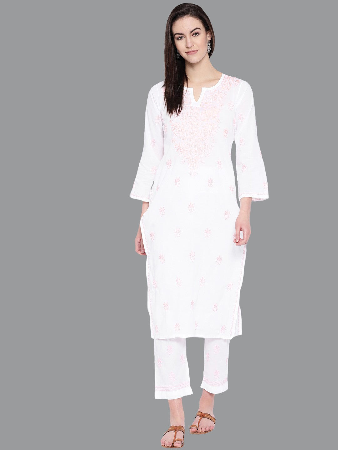 Ada Hand Embroidered White Cotton Lucknowi Chikankari Straight Kurta Set A411136