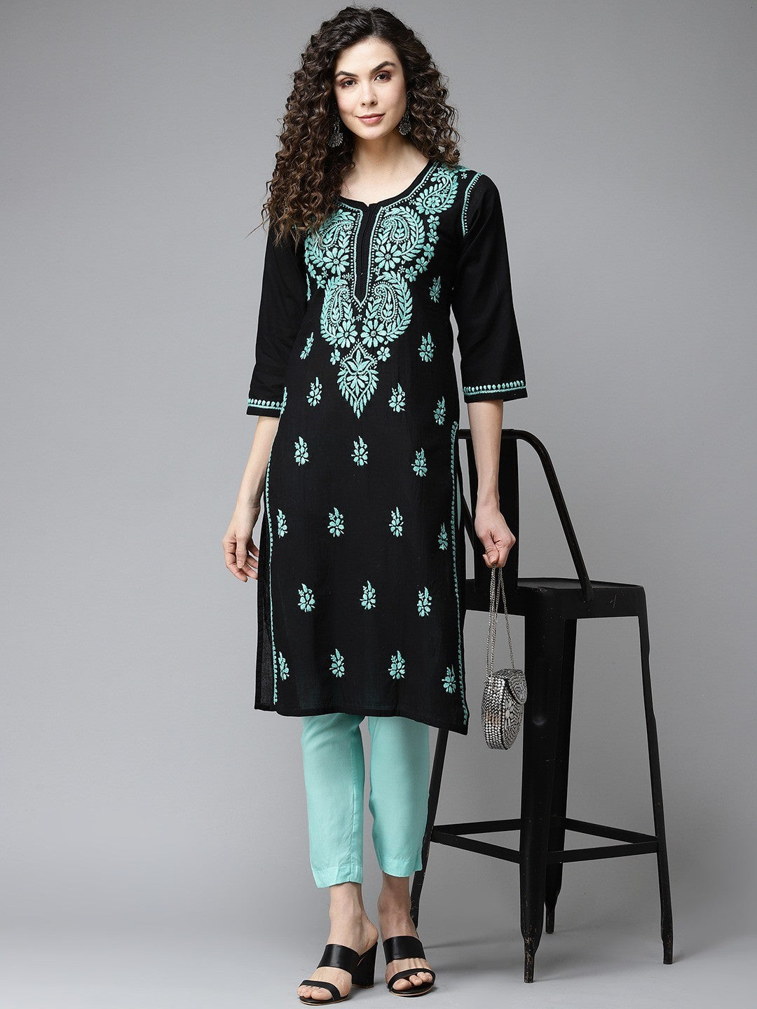 Ada Hand Embroidered Black Cotton Lucknowi Chikankari Straight Kurta A411192