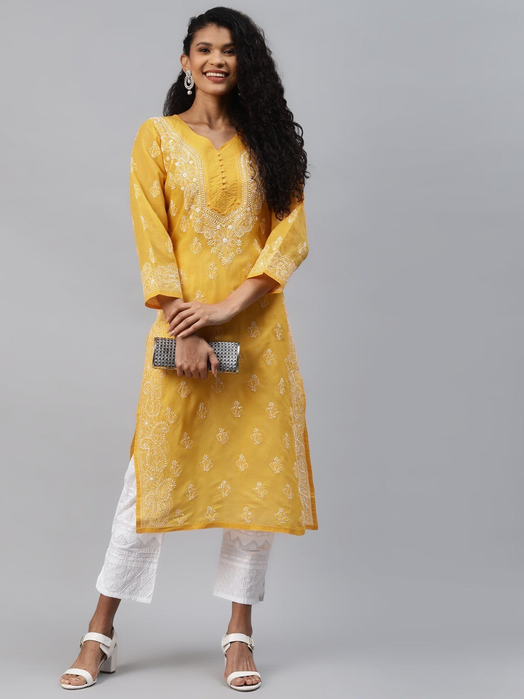 Ada Hand Embroidered Mustard Cotton Lucknow Chikankari Straight Kurta A263262
