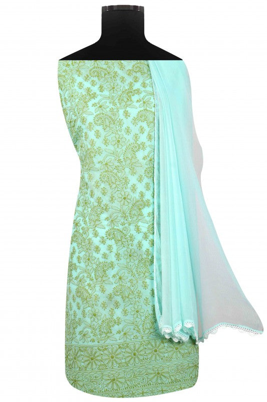 Ada Hand Embroidered Sea Green Cotton Lucknowi Chikan Unstitched Suit Piece A603846
