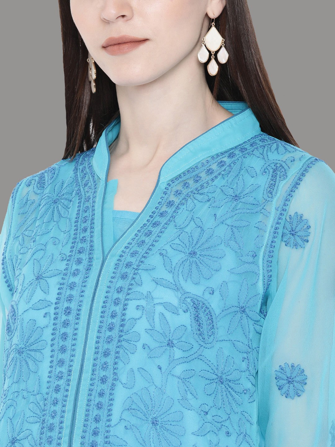 Ada Hand Embroidered Blue Georgette Lucknowi Chikankari Straight Kurta With Slip A225894