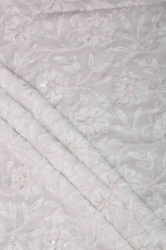 Ada Hand Embroidered White Georgette Lucknowi Chikan Unstitched Kurta Dupatta Set - A586221