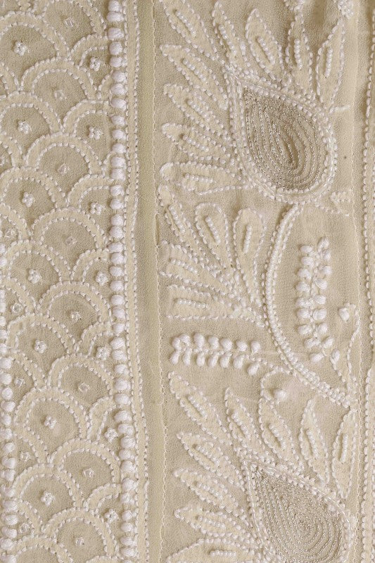 Ada Hand Embroidered Pale Yellow Pure Georgette Semi-stitched Anarkali Kurta Dupatta With Pearl Work - A468460