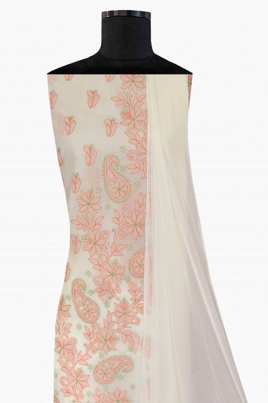 Ada Hand Embroidered Cream Cotton Lucknowi Chikan Unstitched Suit Piece - A211137
