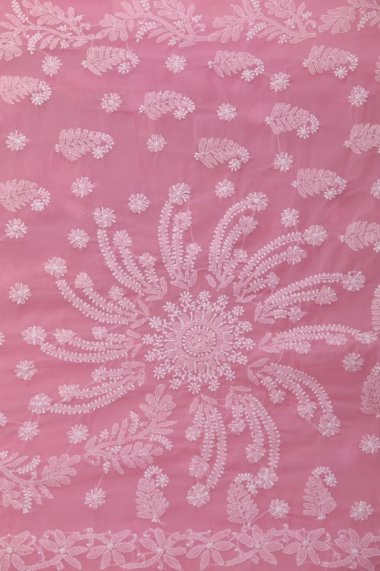 Ada Hand Embroidered Onion Pink Georgette Lucknowi Chikankari Saree with Blouse A129592