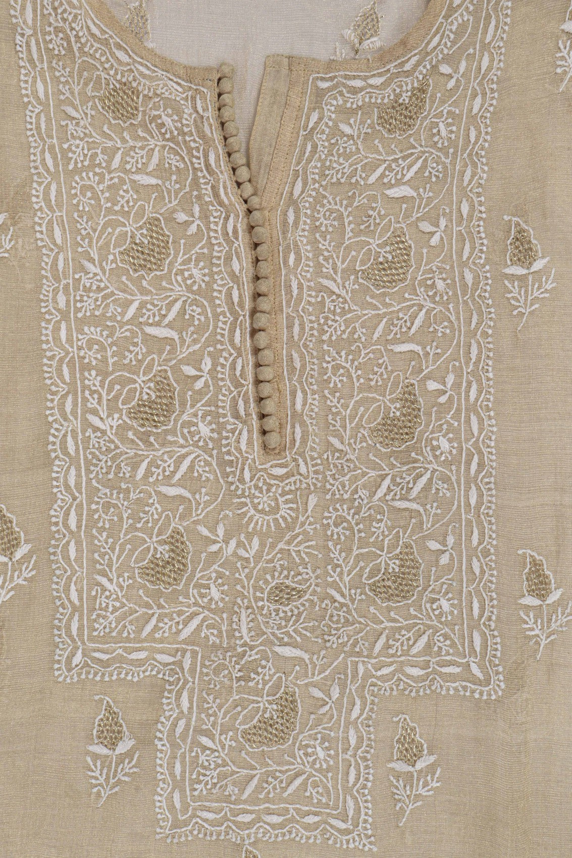 Ada Hand Embroidered Natural Fawn Tissue Lucknowi Chikankari Semi stitched Anarkali Kurta Dupatta Set With Zari Work 01A224436