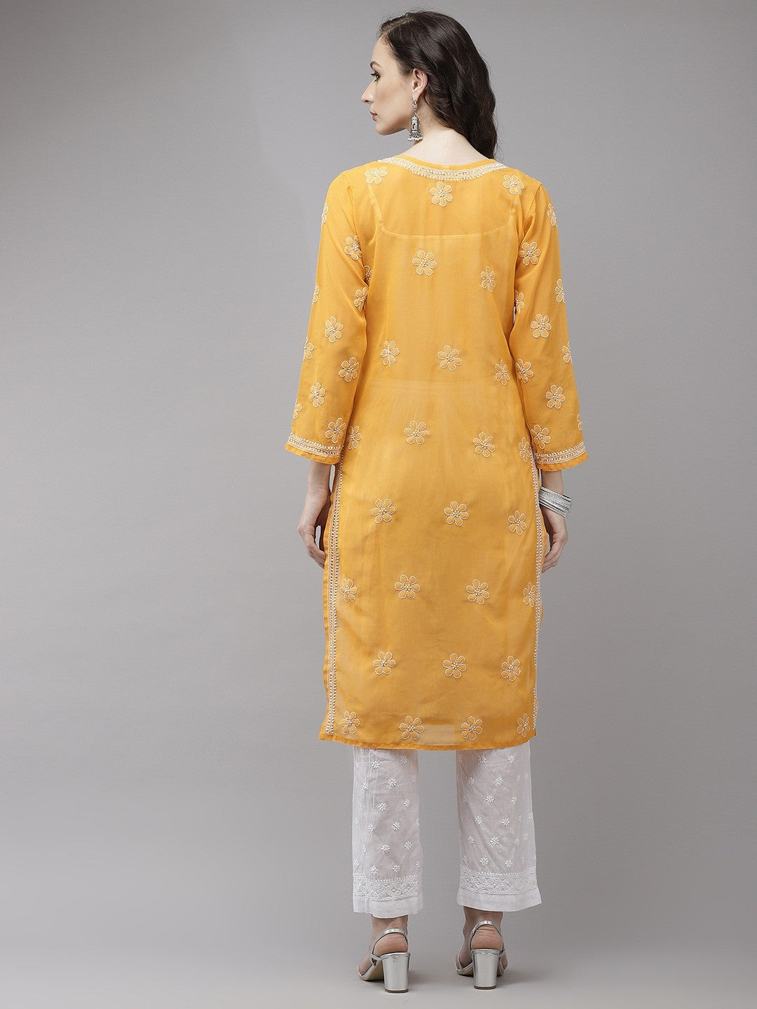 Ada Hand Embroidered Mustard Georgette Lucknowi Chikankari Kurta Set A811214