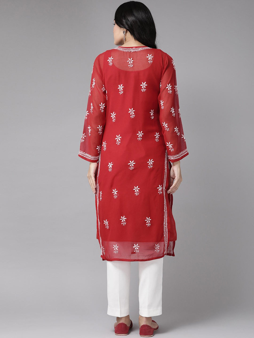 Ada Hand Embroidered Red Georgette Lucknowi Chikankari Straight Kurta with Slip A90361