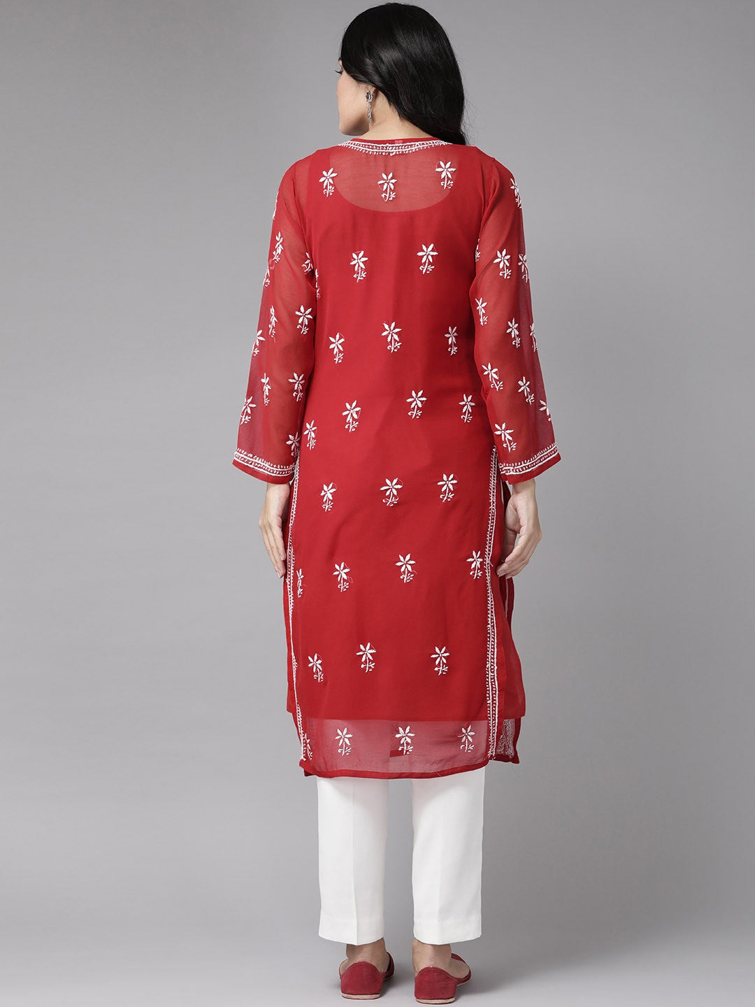 Ada Hand Embroidered Red Georgette Lucknowi Chikankari Straight Kurta with Slip A90361