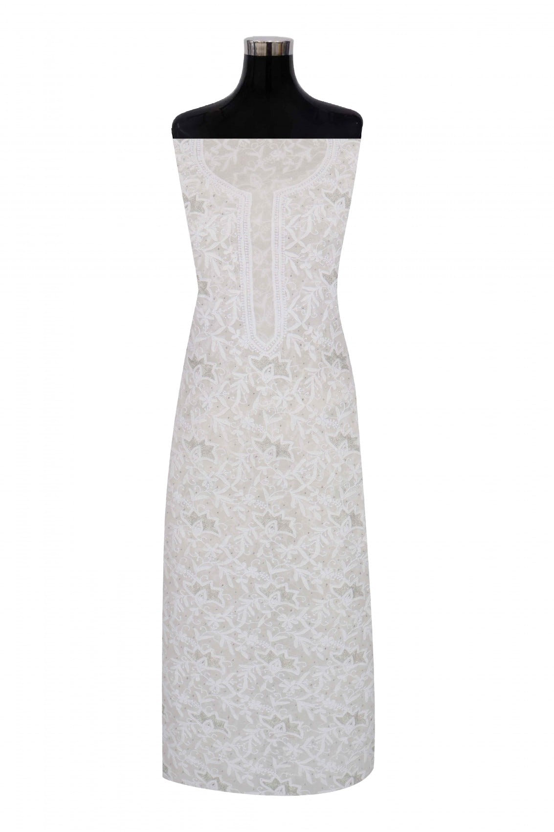 Ada Hand Embroidered Off White Pure Georgette Unstitched Kurta Dupatta Set With Zari Work 01A170073