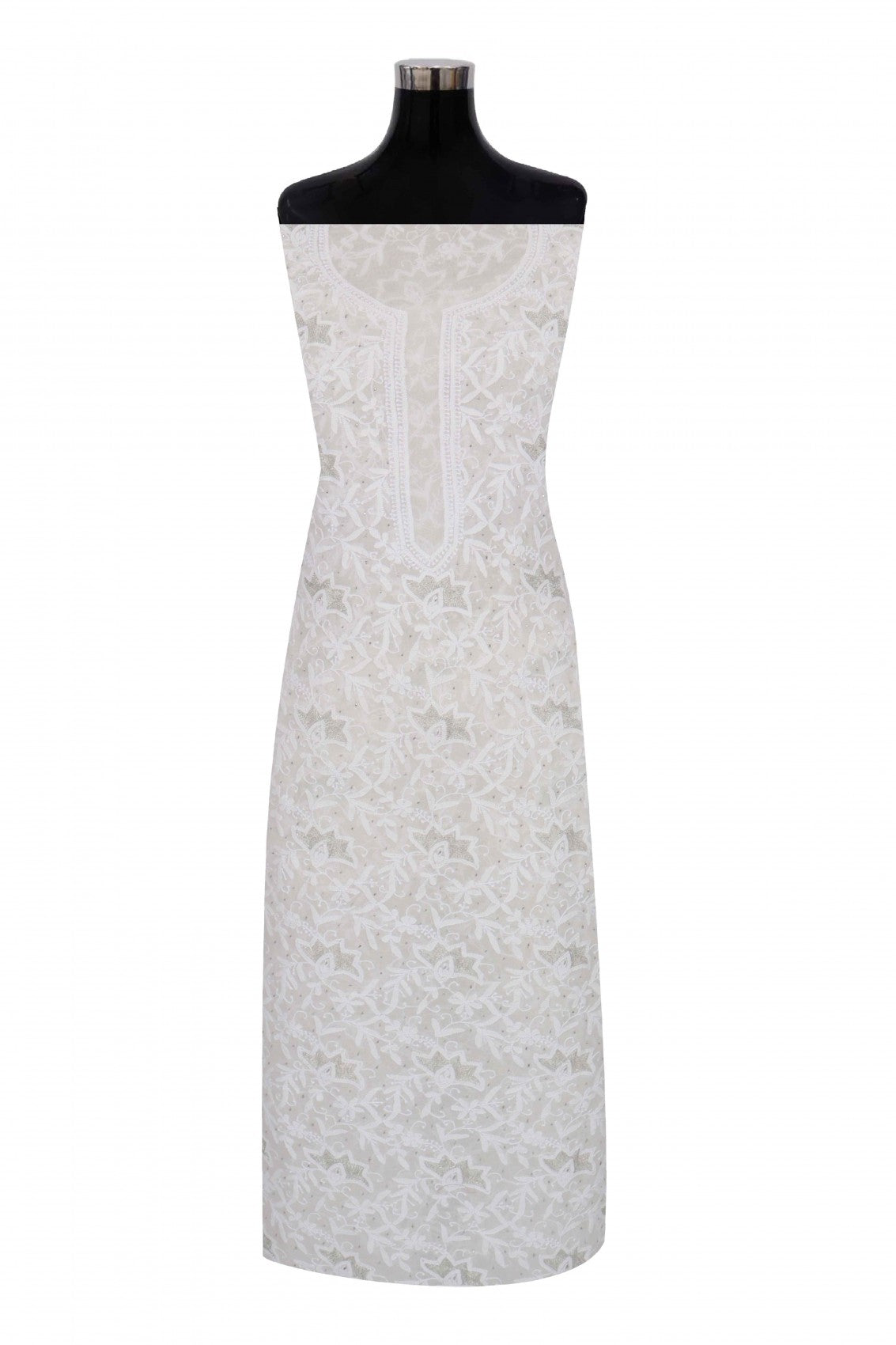 Ada Hand Embroidered Off White Pure Georgette Unstitched Kurta Dupatta Set With Zari Work 01A170073