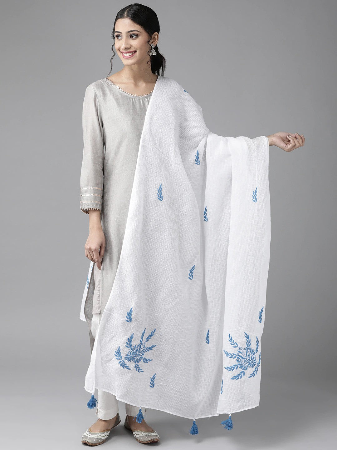 Ada Hand Embroidered White Kota Lucknowi Chikankari Dupatta- A511144