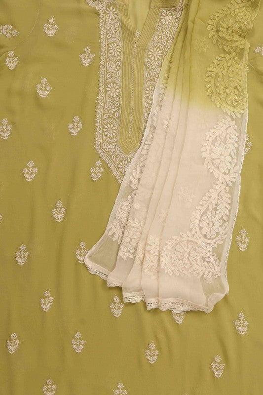 Ada Hand Embroidered Mehendi Green Pure Georgette Lucknowi Chikan Unstitched Kurta Dupatta Set A482884