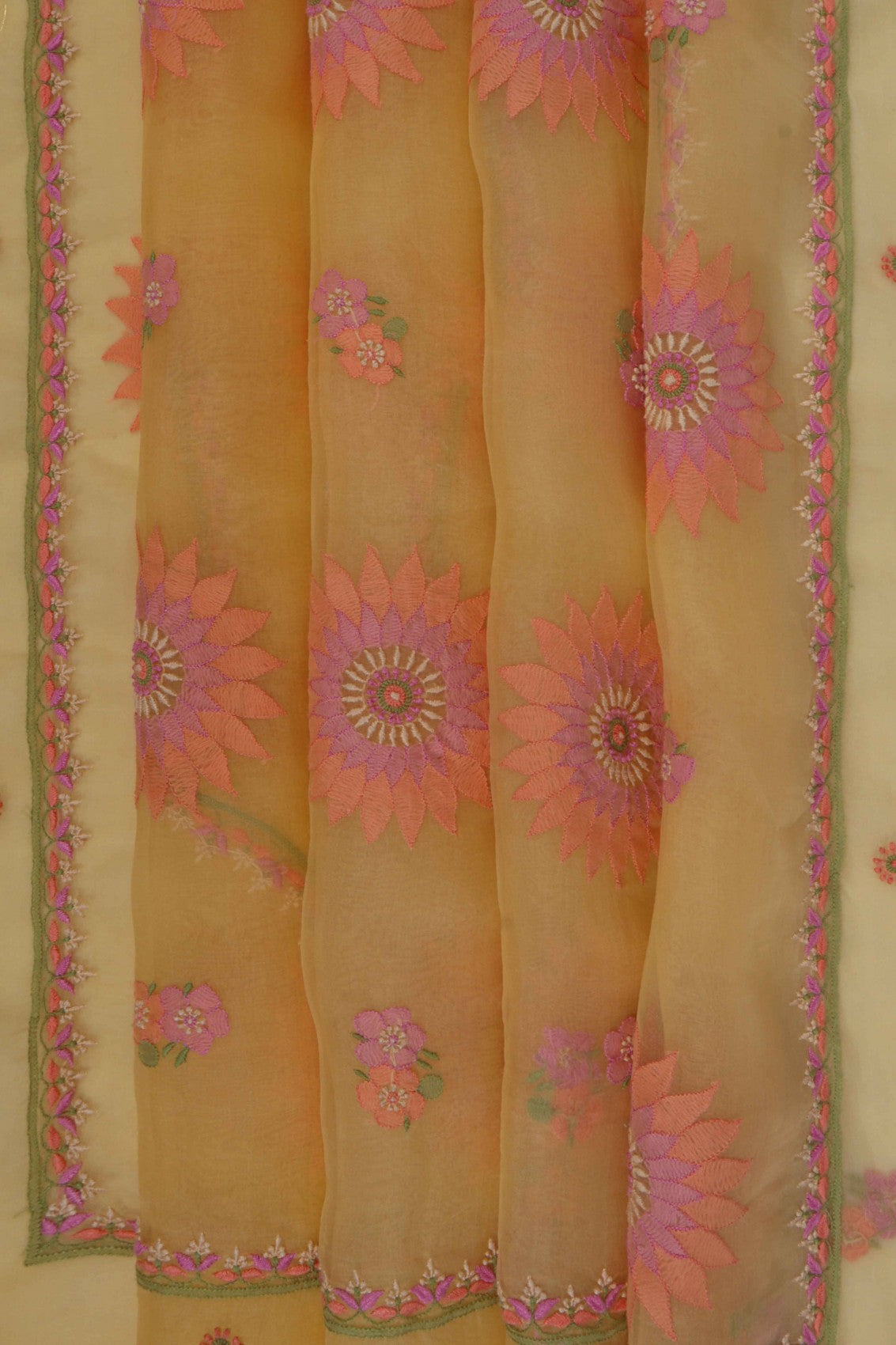 Ada Hand Embroidered Yellow Organza Lucknowi Chikankari Saree With Blouse 01A206137