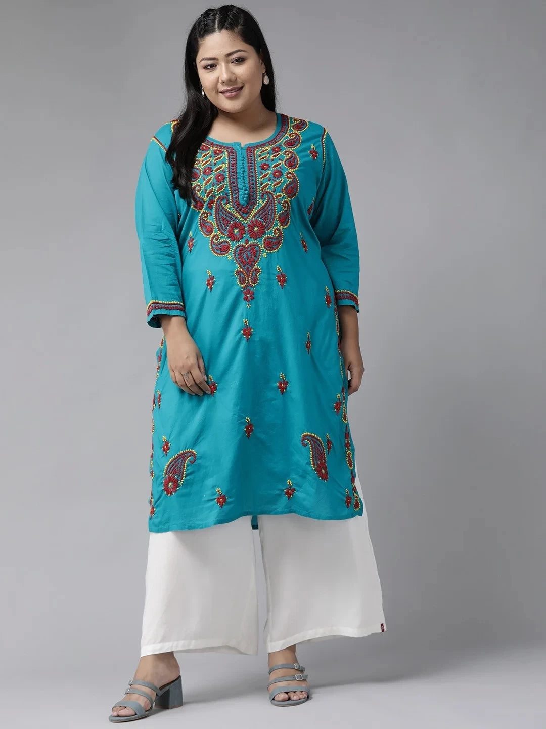 Ada Hand Embroidered Green Cotton Lucknowi Chikankari Straight Kurta A223708