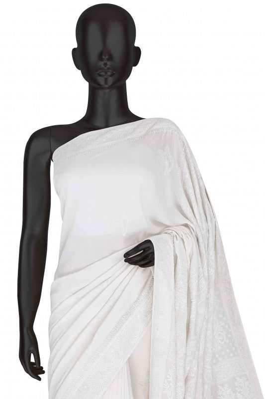 Ada Hand Embroidered White Pure Georgette Lucknow Chikankari Saree With Blouse A342801