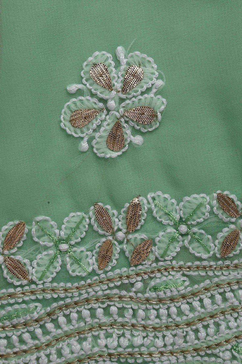 Ada Hand Embroidered Fern Green Faux Georgette Lucknowi Chikan Unstitched Kurta Dupatta Set with Gota Patti Work A465351