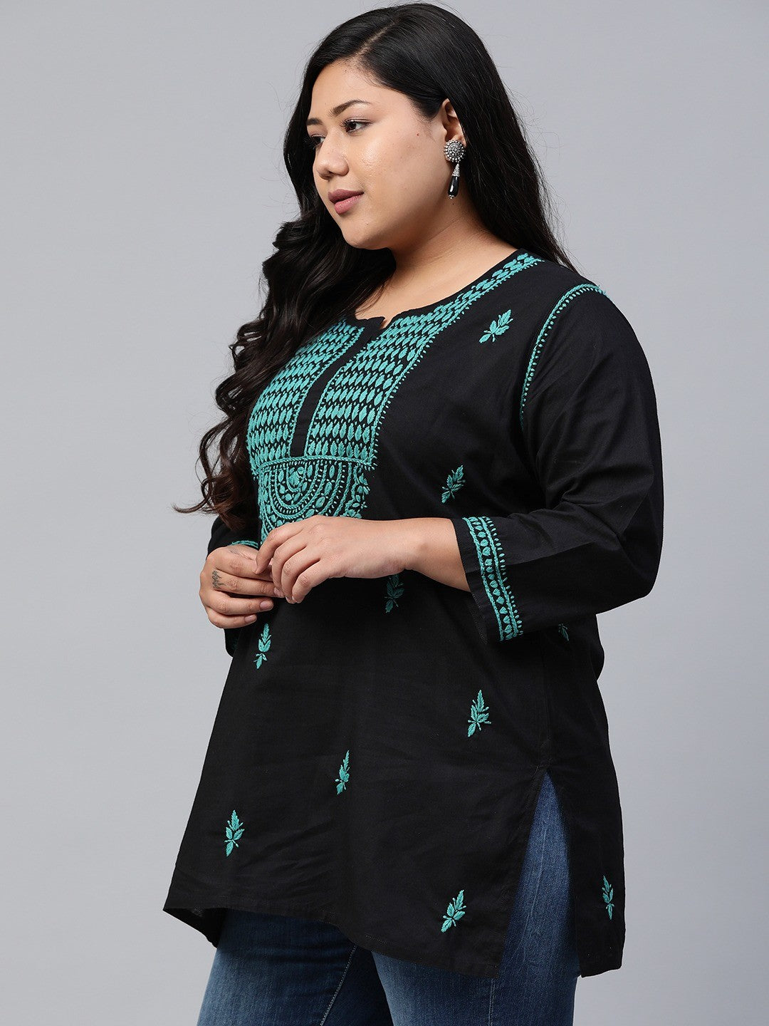 Ada Hand Embroidered Black Cotton Lucknowi Chikankari Straight Kurti A100388