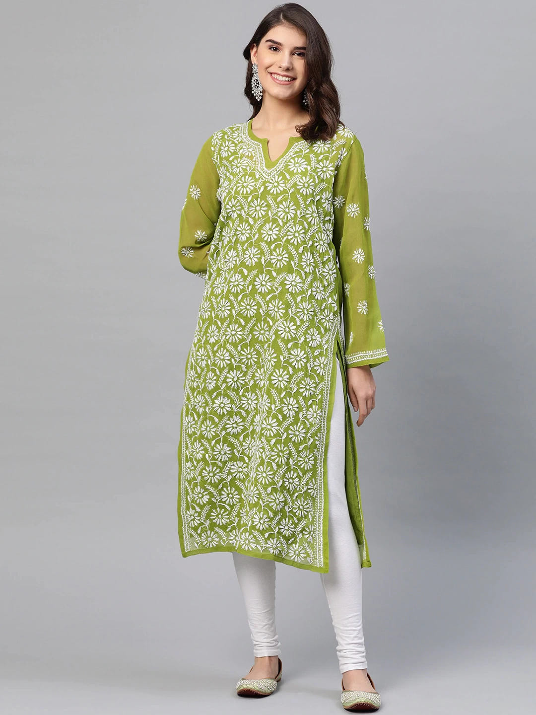 Ada Hand Embroidered Olive Green Georgette Lucknow Chikankari Straight Kurta with Slip A90406