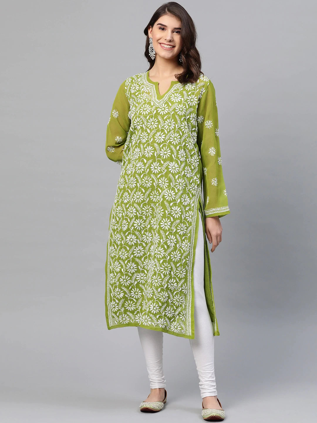 Ada Hand Embroidered Olive Green Georgette Lucknow Chikankari Straight Kurta with Slip A90406