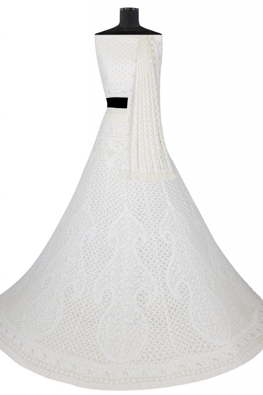 Ada Hand Embroidered White Pure Georgette Lucknowi Chikankari Lehenga Set A594298