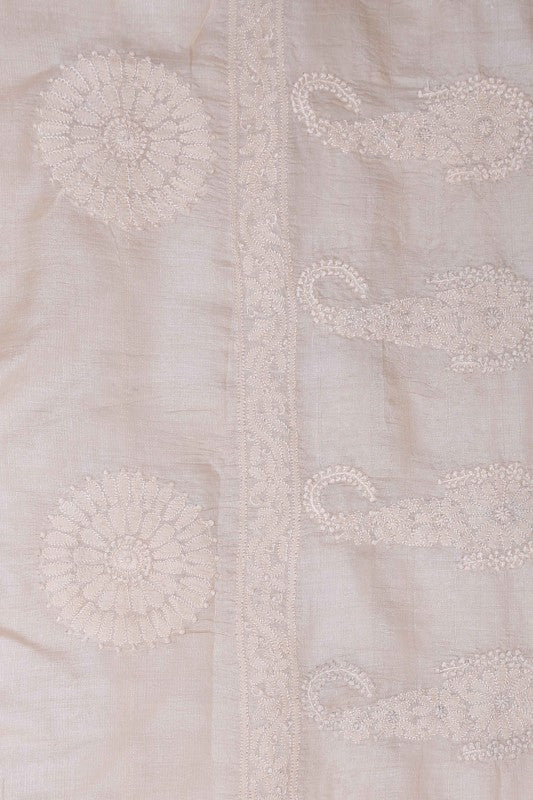 Ada Hand Embroidered Fawn Tusser Silk Lucknowi Chikankari Dupatta-A536366