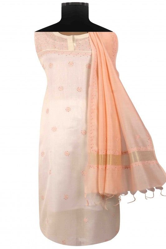 Ada Hand Embroidered White Chanderi Lucknowi Chikan Unstitched Kurta Dupatta Set A614816