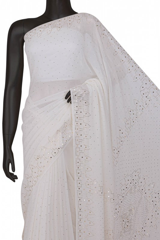 Ada Hand Embroidered White Pure Georgette Lucknowi Chikankari Saree/Blouse with Muqaish Work A590763