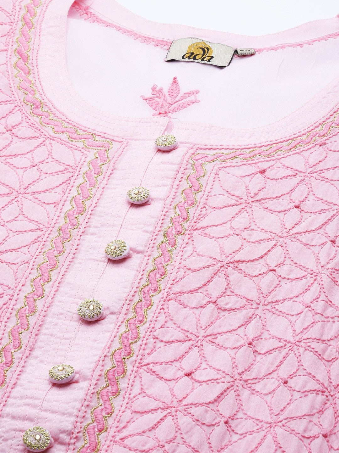 Ada Hand Embroidered Pink Cotton Lucknow Chikan Kurta A411244