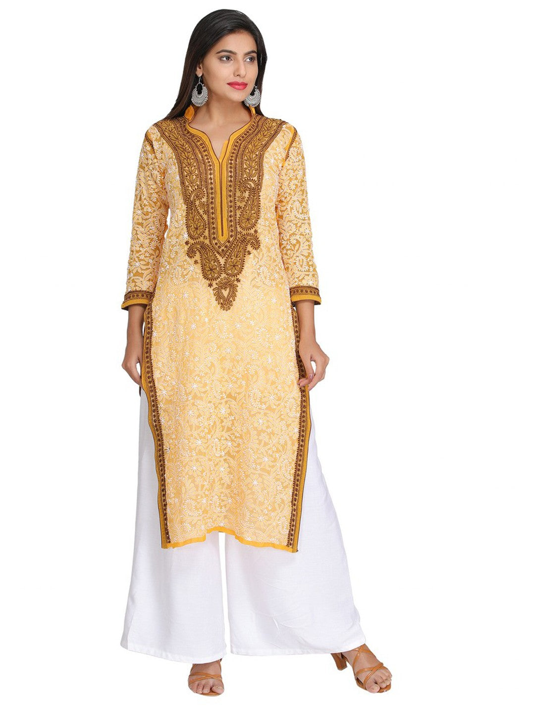 Ada Hand Embroidered Yellow Georgette Lucknow Chikan Kurta A273805