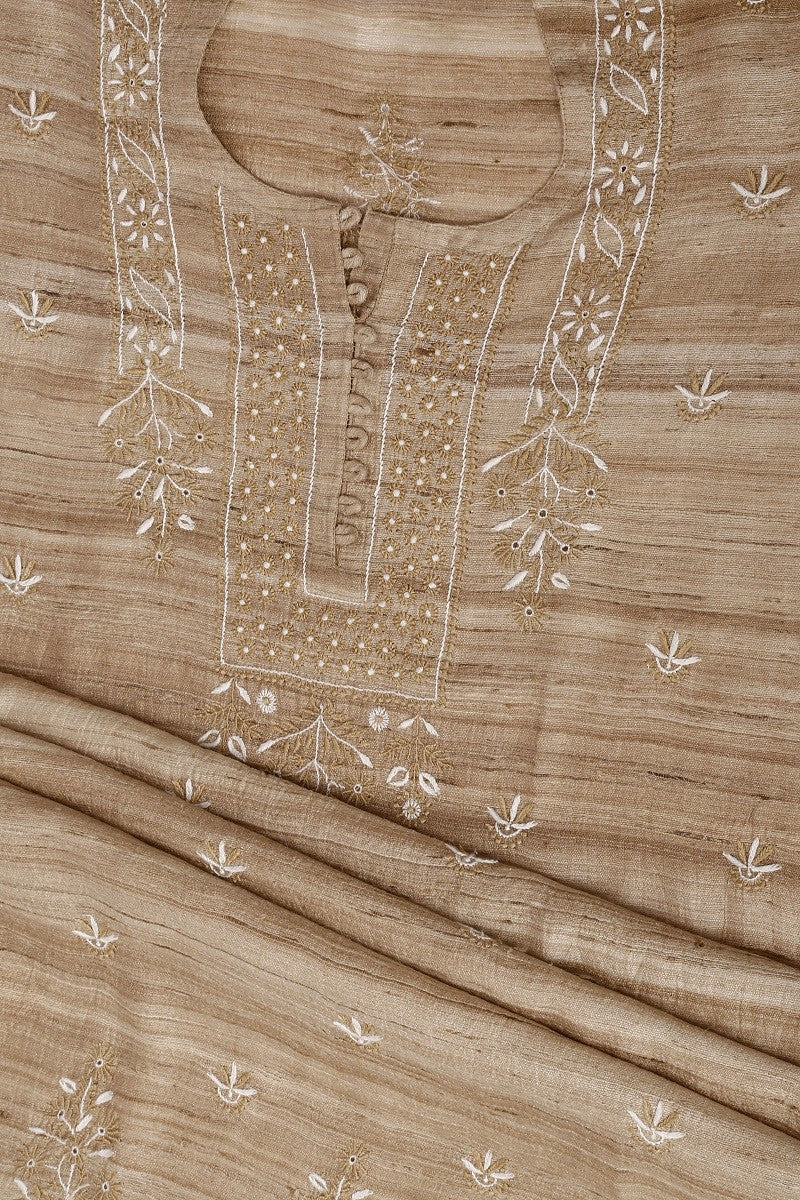 Ada Hand Embroidered Sand Fawn Ghicha Silk Lucknowi Chikan Unstitched Kurta Piece–A601199