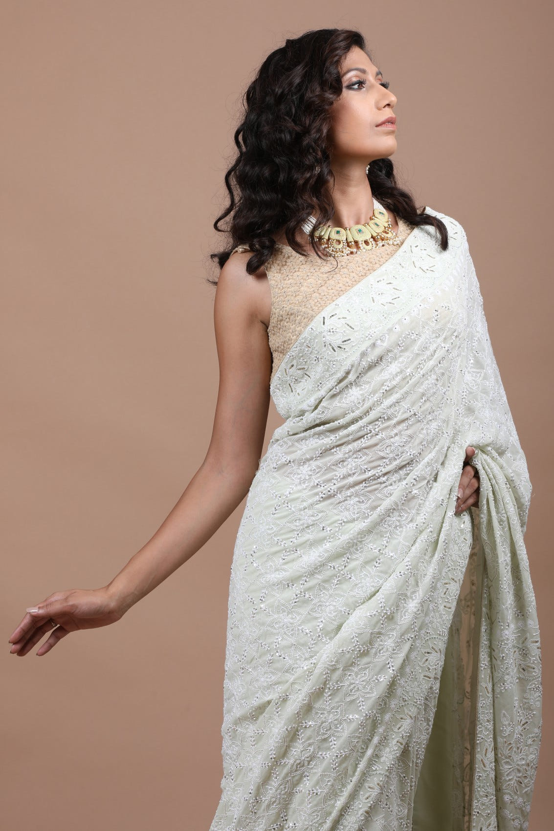 Ada Hand Embroidered Pista Green Georgette Lucknow Chikankari Saree/Blouse With Sequinned Work 01A209271