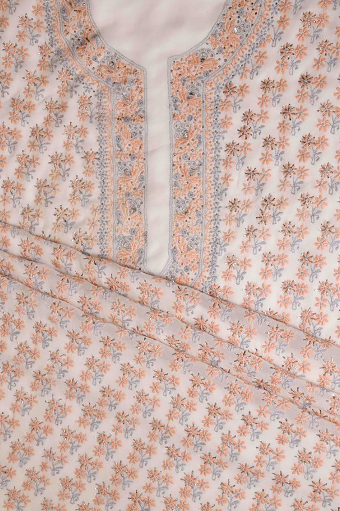 Ada Hand Embroidered Off White Pure Georgette Lucknowi Chikankari Unstitched Kurta Dupatta Set With Muqaish Work A164543