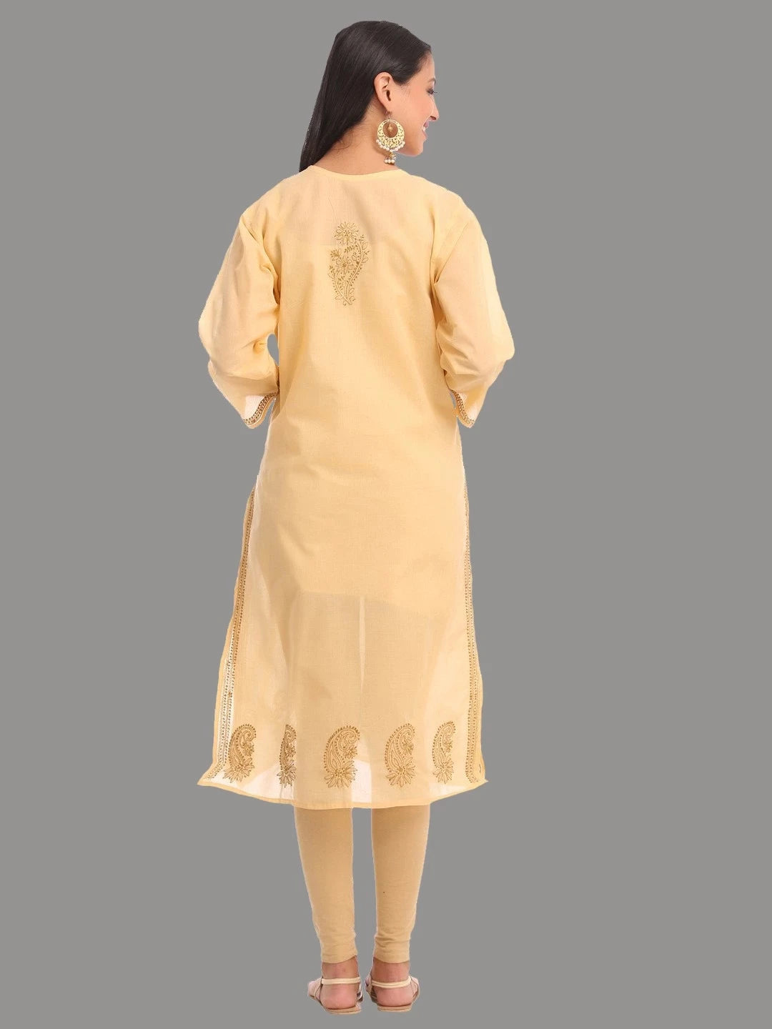 Ada Hand Embroidered Fawn Cotton Lucknowi Chikankari Straight Kurta A227141