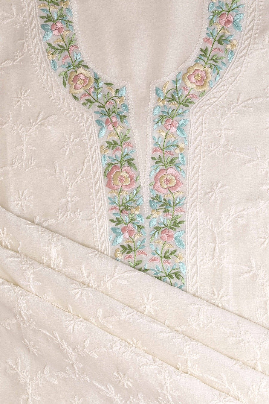 Ada Hand Embroidered Cream Chanderi Lucknowi Chikan Unstitched Kurta Dupatta Set- A610361