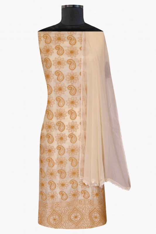 Ada Hand Embroidered Egg Nog Natural Cream Tusser Silk Lucknowi Chikan Unstitched Suit Piece-A446747