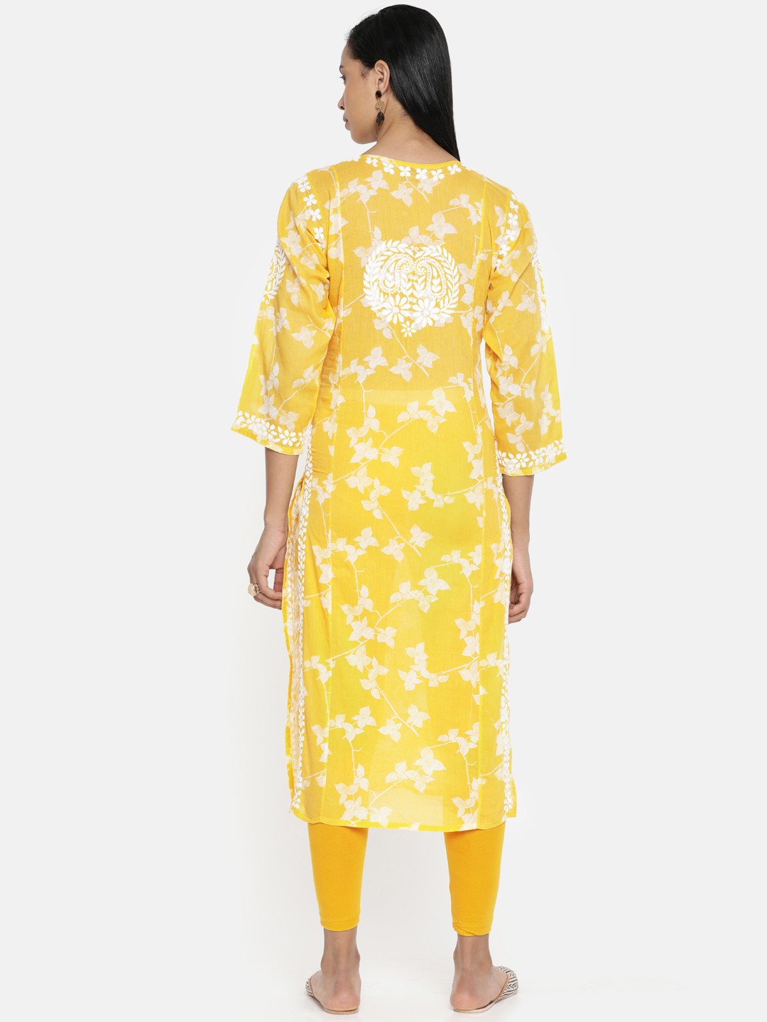 Ada Hand Embroidered Yellow Cotton Lucknowi Chikankari Straight Kurta A100208