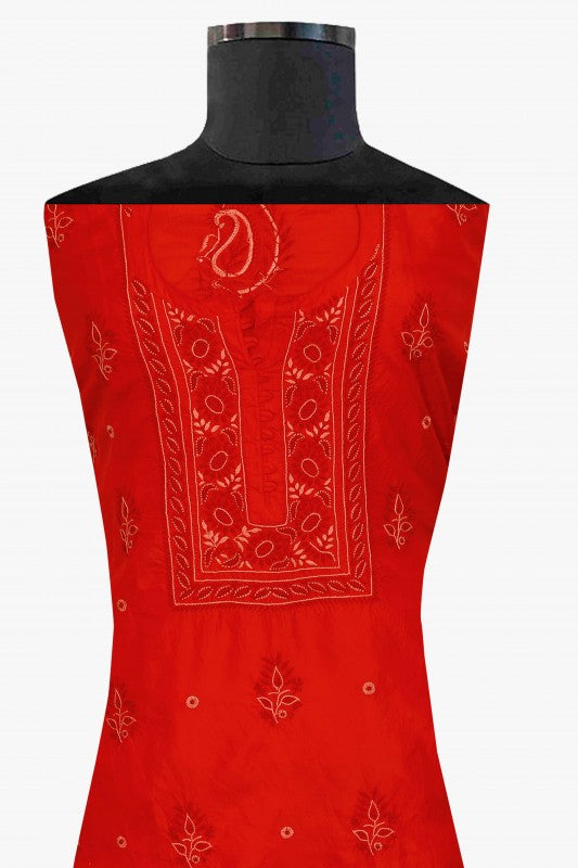 Ada Hand Embroidered Scarlet Red Silk Lucknowi Chikan Unstitched Kurta Piece A608630