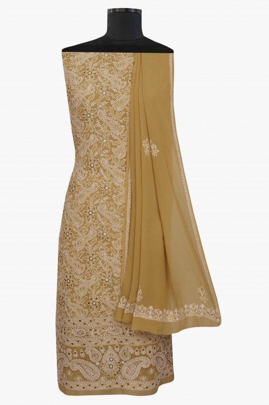 Ada Hand Embroidered Sepia Fawn Pure Georgette Lucknowi Chikan Unstitched Kurta Dupatta Set with Muqaish Work A230565