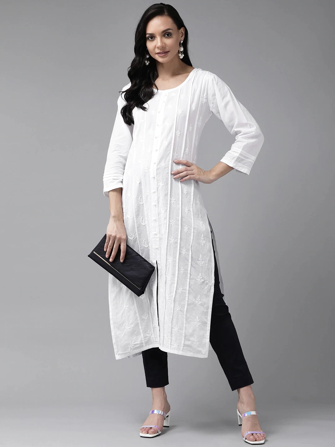 Ada Hand Embroidered White Cotton Lucknow Chikan Kurti-A411230
