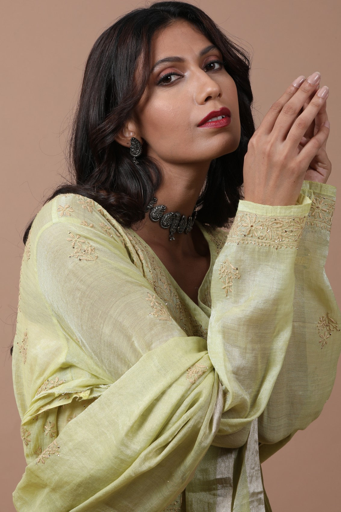 Ada Hand Embroidered Lime Green Tissue Lucknowi Chikankari Semi-stitched Kurta Dupatta Set With Muqaish Work 01A238364
