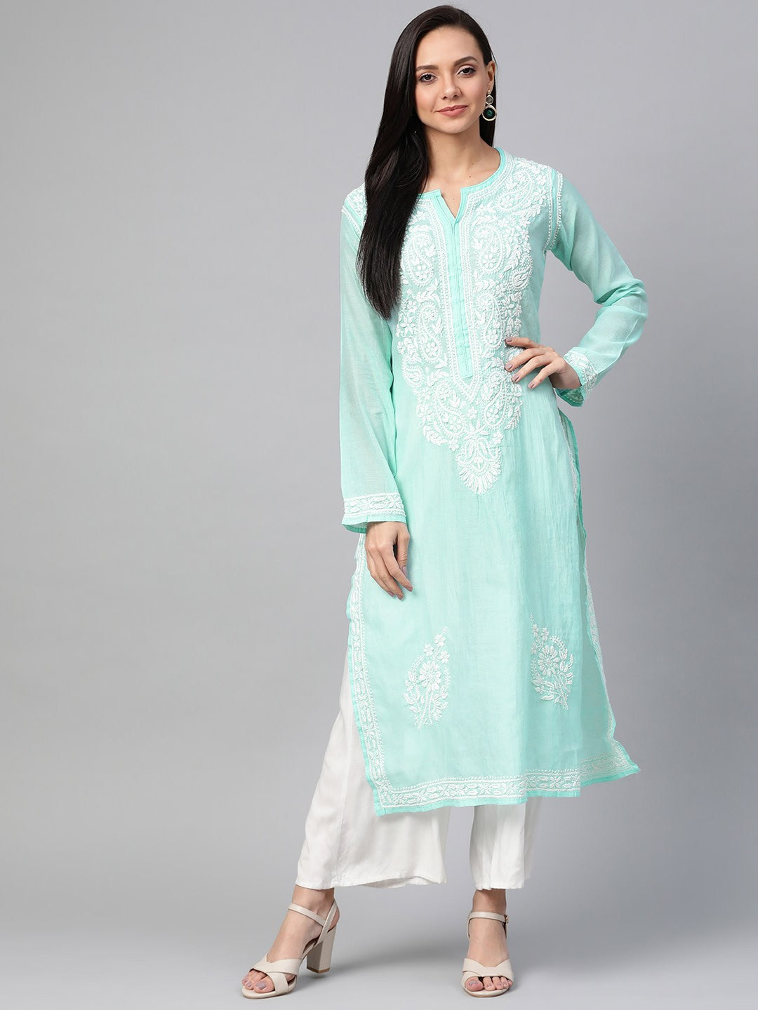 Ada Hand Embroidered Sea Green Chanderi Lucknowi Chikankari Straight Kurta A100483