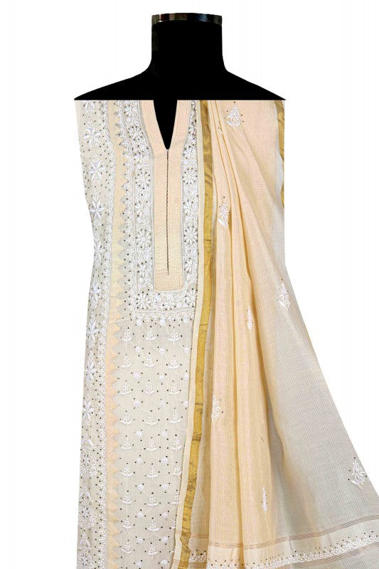 Ada Hand Embroidered Fawn Chanderi Lucknowi Chikan Unstitched Kurta Dupatta Set A145986