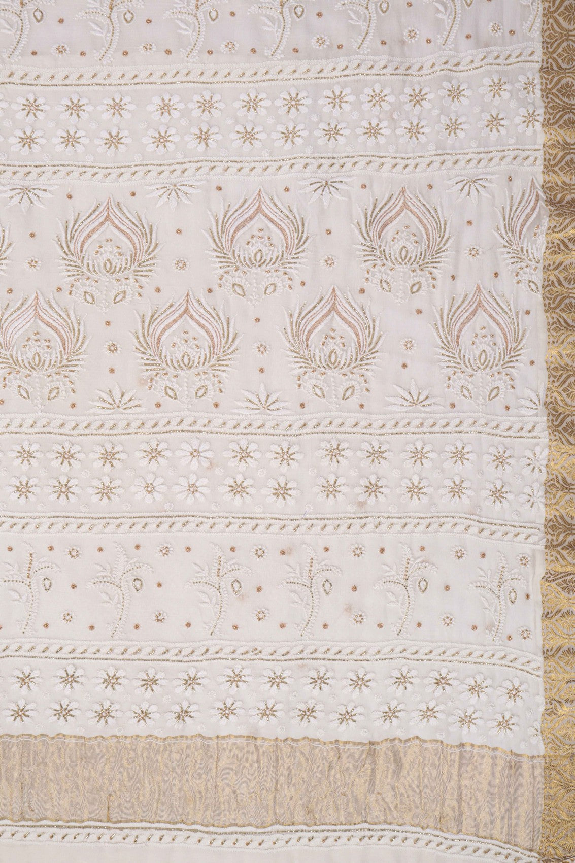 Ada Hand Embroidered White Chiffon Lucknowi Chikankari Saree/Blouse With Zari Work A491076