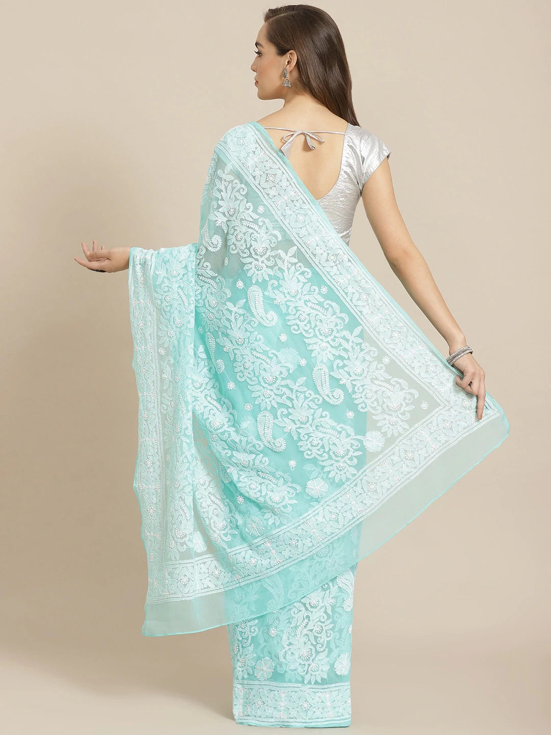 Ada Hand Embroidered Sea Green Georgette Lucknow Chikan Saree With Blouse-A311297