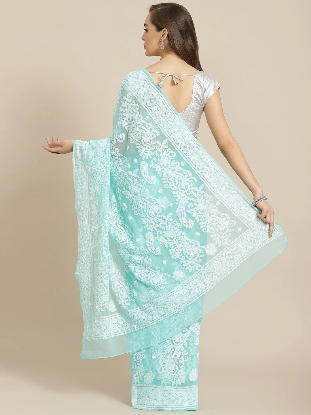 Ada Hand Embroidered Sea Green Georgette Lucknow Chikan Saree With Blouse-A311297