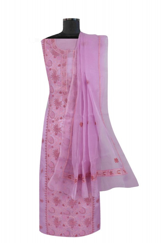 Ada Hand Embroidered Mauve Organza Lucknowi Chikankari Unstitched Kurta Dupatta Set 01A172424