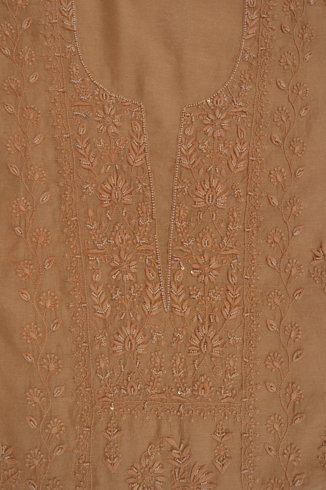 Ada Hand Embroidered Fawn Tissue Lucknowi Chikankari Unstitched Kurta Dupatta Set With Pearl Work 01A193513