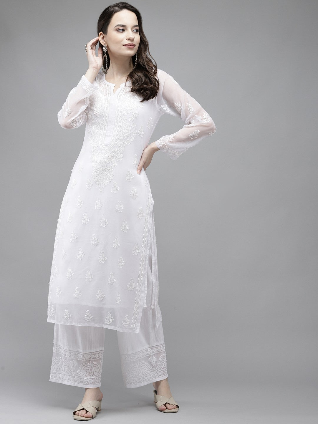 Ada Hand Embroidered White Georgette Lucknowi Chikankari Kurta Set with Slip A811206